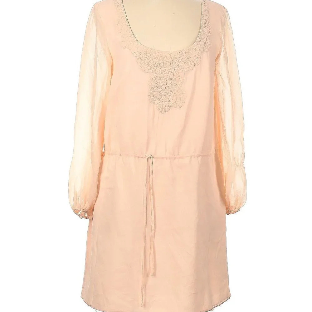 Trina Turk Peach Silk Drawstring Waist Romantic Coquette Long Sleeve Mini Dress